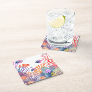Coral Reef Watercolor Colourful Fish Ocean Square Paper Coaster