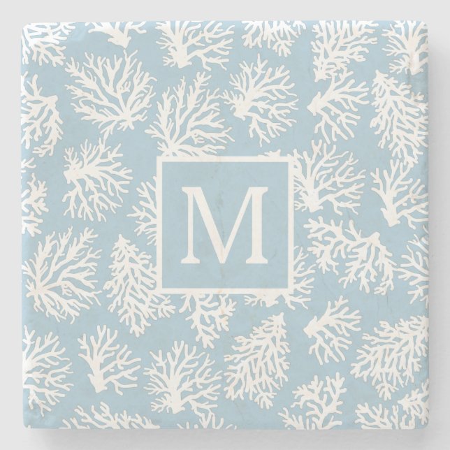 Coral Reefs summer coastal beach  monogram Outdoor Stone Coaster (Front)