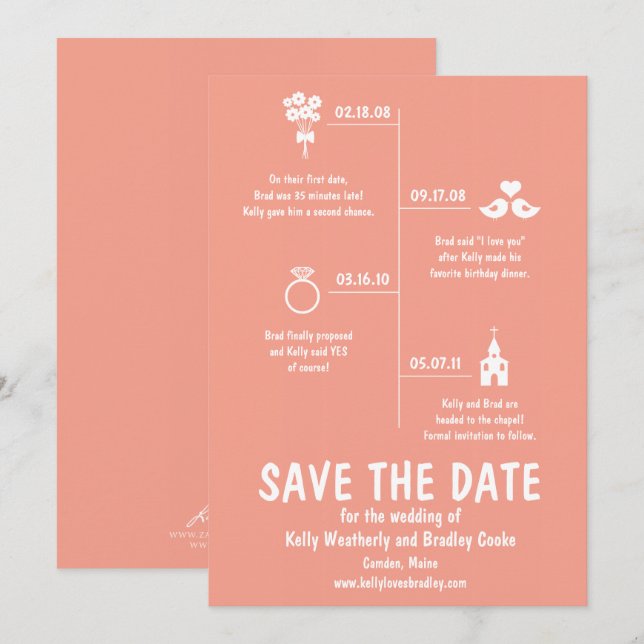Coral Relationship Timeline Wedding Save the Date Invitation (Front/Back)