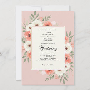Coral Romantic Botanical Wedding Invitation