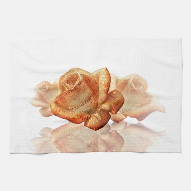 Coral Rose Blossom with Sheet Music Kitchen Towel (Horizontal)