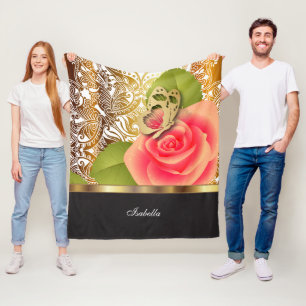 Coral Rose Floral Design with DIY Text Fleece Blanket