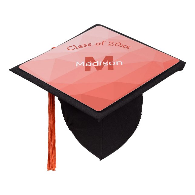 Coral rose geometric mesh ombre pattern Monogram Graduation Cap Topper (Angled)