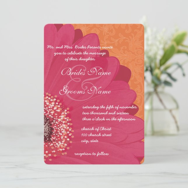 Coral rose Gerber Daisy Faire-part de mariage (Debout devant)