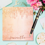 Coral rose gold pink glitter marble glam monogram notepad<br><div class="desc">A coral, rose gold, pink rustic marble background. Decorated with golden and rose gold faux glitter dripping, paint drip look. Personalize and add your name. The name is written with a large modern hand lettered style script. Dark coral coloured letters. To keep the swashes only delete the sample name, leave...</div>