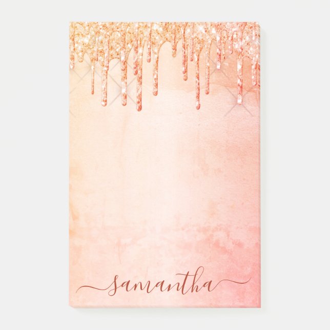 Coral rose gold pink glitter marble glam monogram post-it notes (Front)