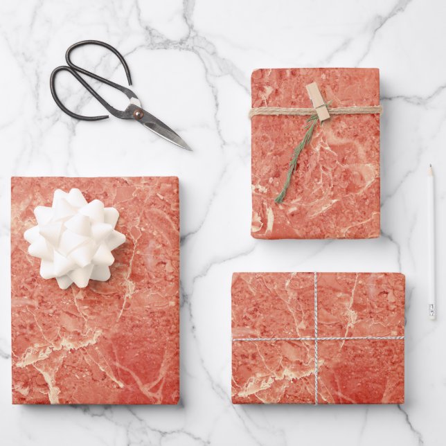 Coral Rose Gold Red Marble Texture Wrapping Paper Sheet (Front)