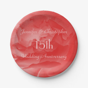 Coral Rose Paper Plates, 15th Wedding Anniversary Plate
