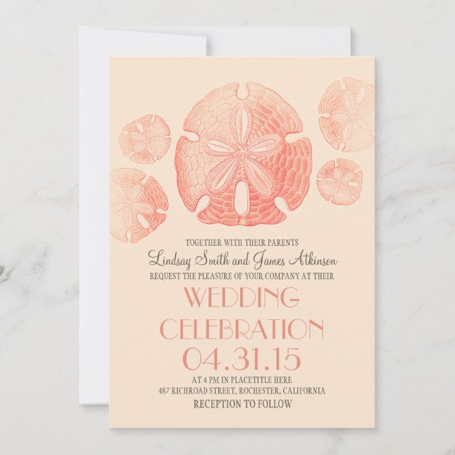Coral rose sable dollars plage mariage invitations (Devant)