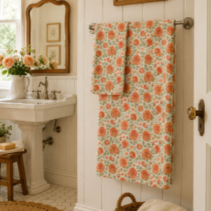 Coral Rose & Sage Garden Pattern Bath Towel Set