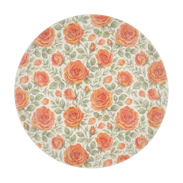 Coral Rose & Sage Garden Pattern Cutting Board (Front)