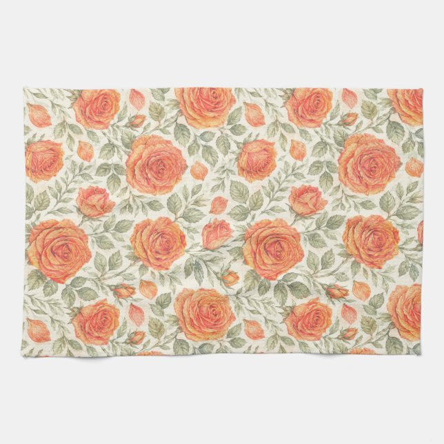 Coral Rose & Sage Garden Pattern Kitchen Towel (Horizontal)