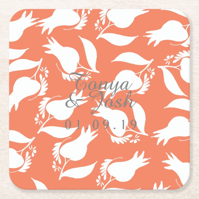 Coral Rose Silo Pattern Square Paper Coaster (Front)