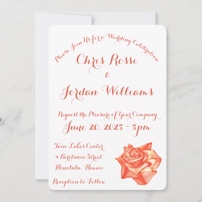 Coral Rose Two-Sided Text Simple Elegant Wedding Invitation (Front)