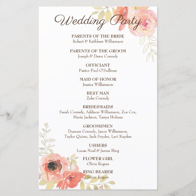 Coral Rose Wedding Itinerary Program Paper Sheet (Back)
