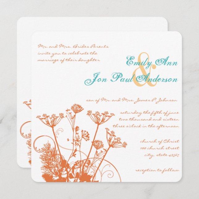 Coral Rose Wild Flowers Wedding Invitations (Front/Back)