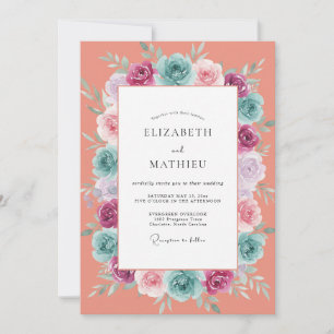 Coral Rose Wreath Wedding Invitation