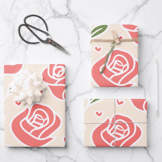 Coral Roses and Green Leaves with Heart Accents Wrapping Paper Sheet (Front)
