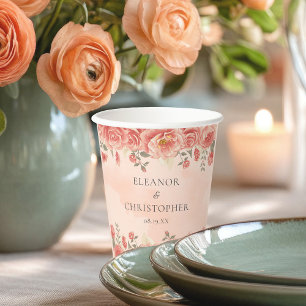 Coral Roses Chic Peach Watercolor Floral Wedding Paper Cups