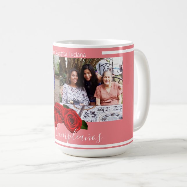 Coral Roses | Custom Photo Spanish Happy birthday Coffee Mug (Front Right)