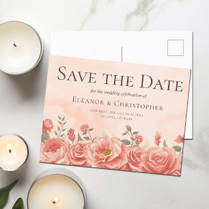 Coral Roses Romantic Peach Floral Save the Date Announcement Postcard
