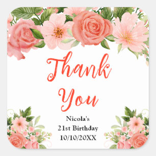 Coral Roses with Foliage Birthday Thank You Square Sticker