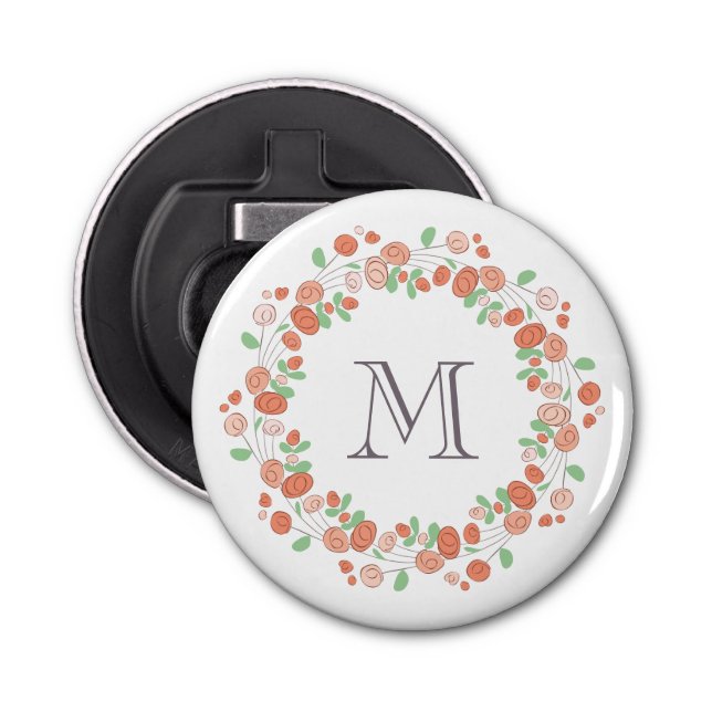 coral roses wreath monogram bottle opener (Front)