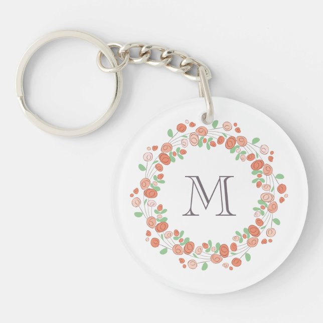 coral roses wreath monogram keychain (Front)