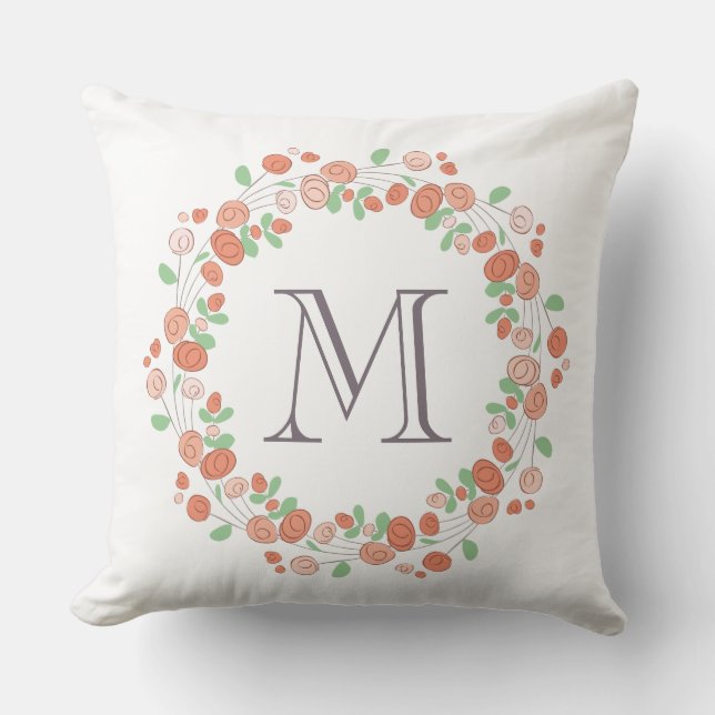coral roses wreath monogram throw pillow (Front)