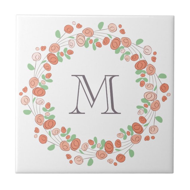 coral roses wreath monogram tile (Front)