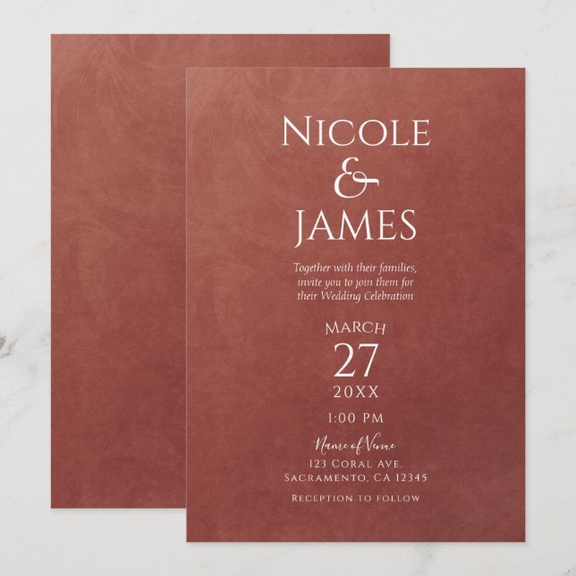 Coral Rust Orange Colour Minimal Elegant Wedding Invitation (Front/Back)