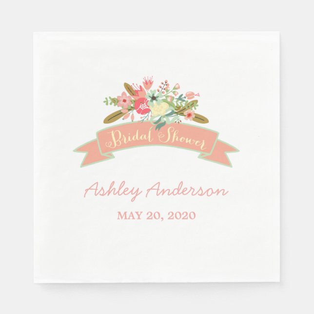 Coral Rustic Flowers Bridal Shower Paper Napkins (Front)