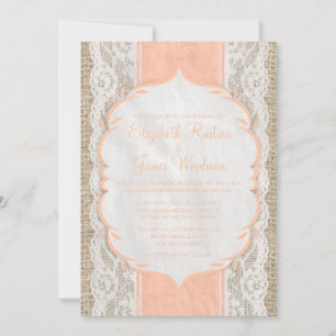 Coral Rustic Lace Wedding Invitations