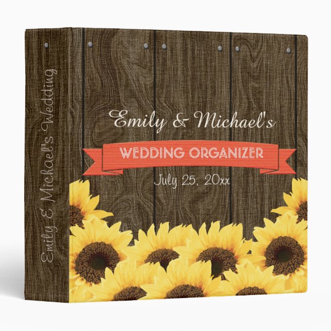 CORAL RUSTIC SUNFLOWER WEDDING ORGANIZER BINDER (Front/Spine)