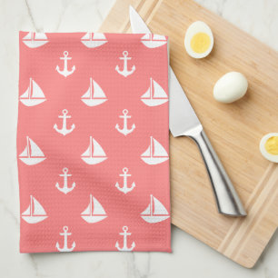 Coral Sailboats and Anchors Pattern Kitchen Towel