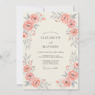 Coral Salmon Leafy Wedding Invitation