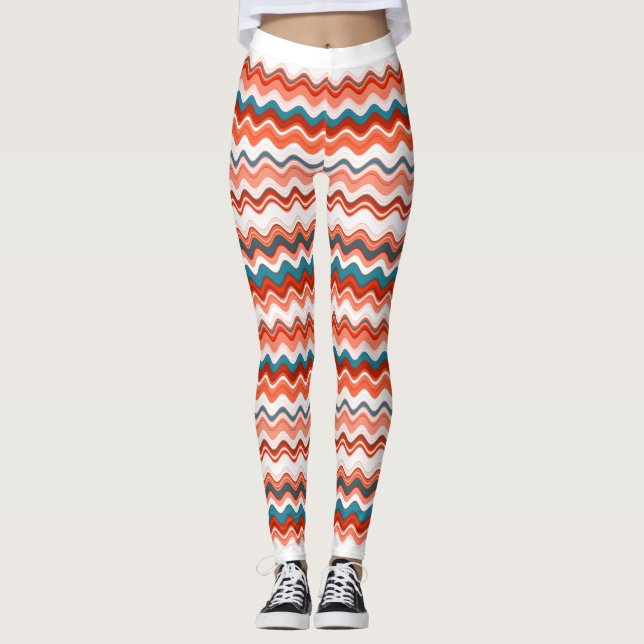 Coral Salmon Orange Blue Wavy Zigzag Pattern Leggings (Front)