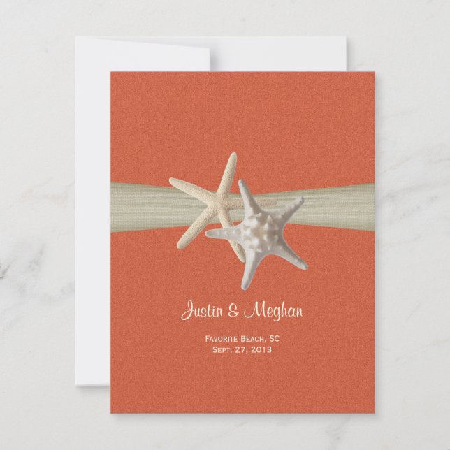 Coral Sand Dollar and Starfish Burlap Reception Invitation (Front)