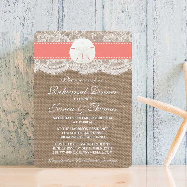 Coral Sand Dollar Beach Wedding Rehearsal Dinner Invitation (Creator Uploaded)