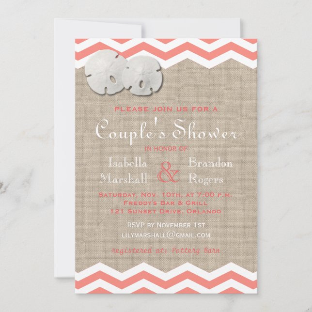 Coral Sand Dollar & Chevron Couple's Shower Invite (Front)