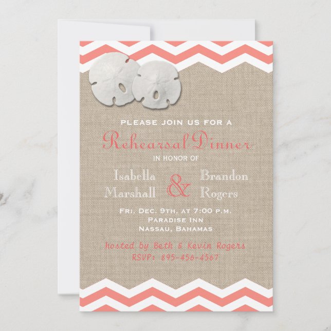 Coral Sand Dollar & Chevron Rehearsal Dinner Invitation (Front)