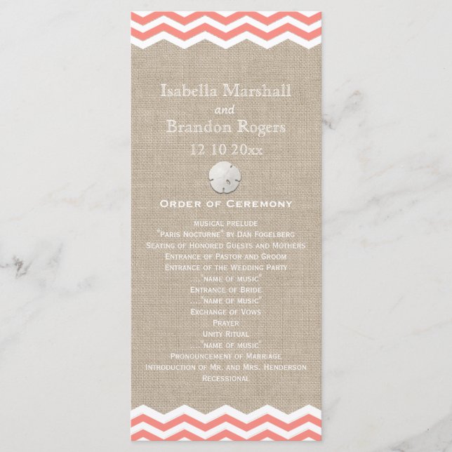 Coral Sand Dollar & Chevron Wedding Programme (Devant)
