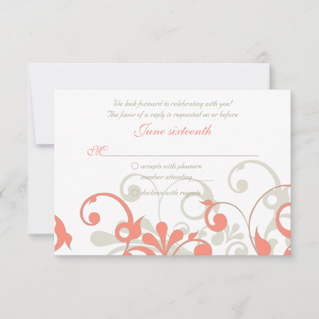 Coral, Sand Tan, White Floral Wedding RSVP Card (Front)