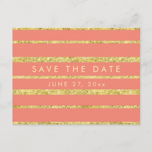 Coral Save The Date Postcard With Gold Foil Effect (Front)