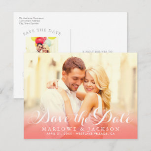 Coral Script Overlay Photo Save the Date Announcement Postcard