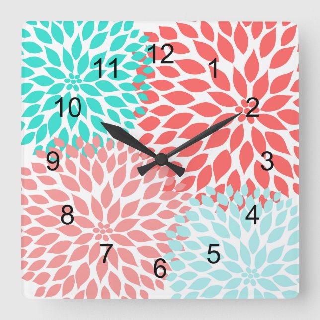Coral Seafoam Teal Dahlia home decor wall clock (Front)