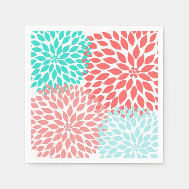 Coral Seafoam Teal Dahlia mums blossoms Napkin (Front)