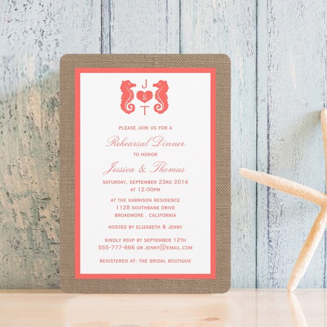 Coral Seahorse On Burlap Beach Rehearsal Dinner Invitation (Creator Uploaded)