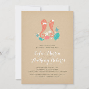 Coral seahorses beach rehearsal dinner invites
