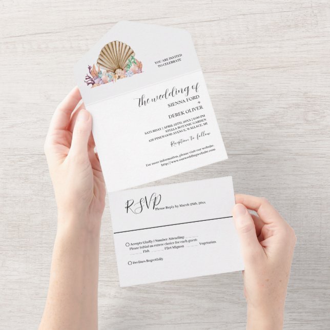 Coral & Seashell beach Wedding All In One Invitation (Tearaway)